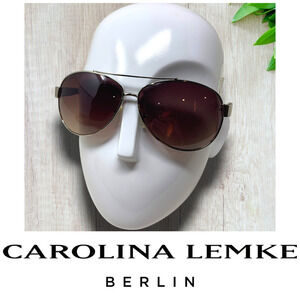 NEW Carolina Lemke Silver Frame Aviator Sunglasses Brown Colored Lens CL1016 NWT